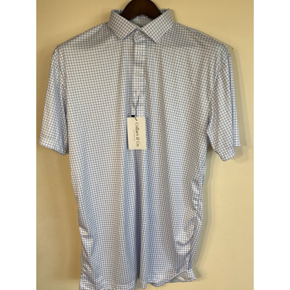 Collars & Co. Mens XLT Blue & White Checkered Short Sleeve Polo Shirt